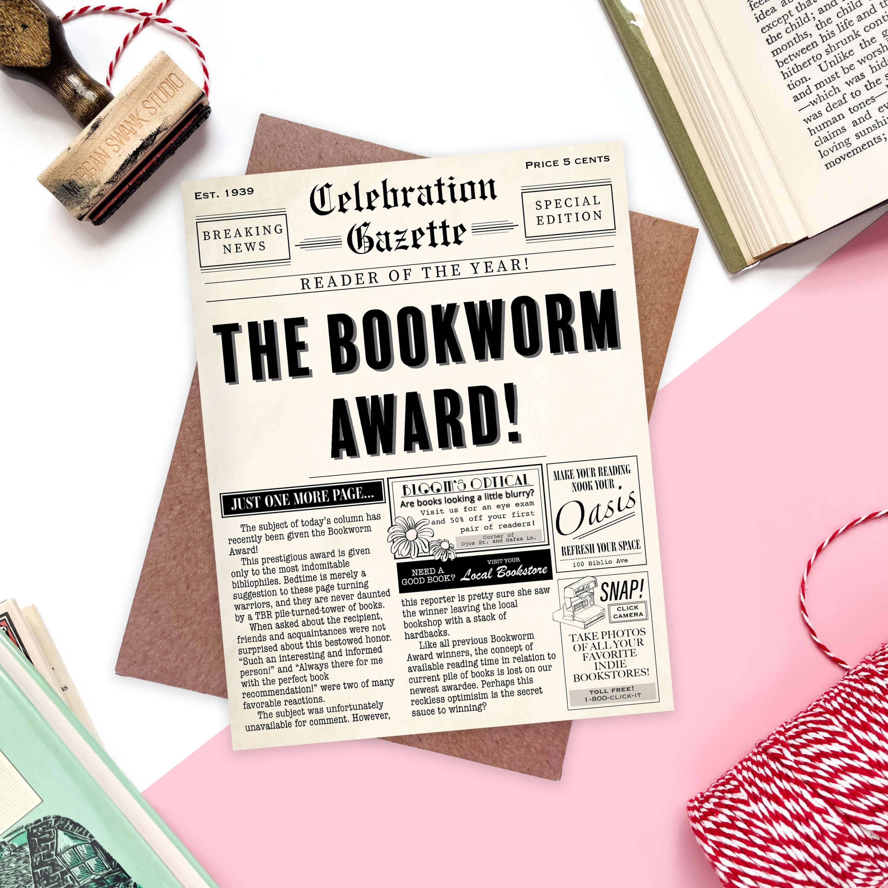 Vintage Punny Newspaper Bookworm Award Card