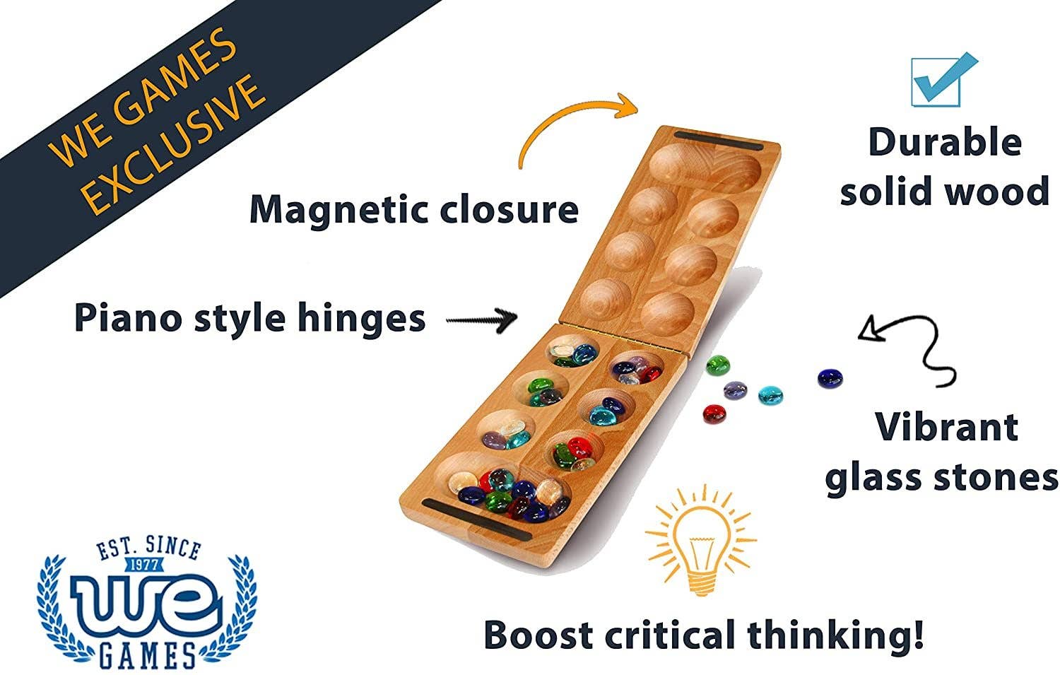 Solid Wood Folding Mancala with Glass Stones - 18 in.