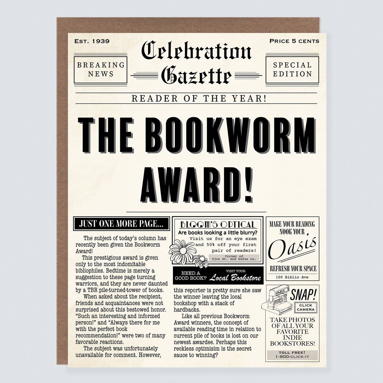 Vintage Punny Newspaper Bookworm Award Card