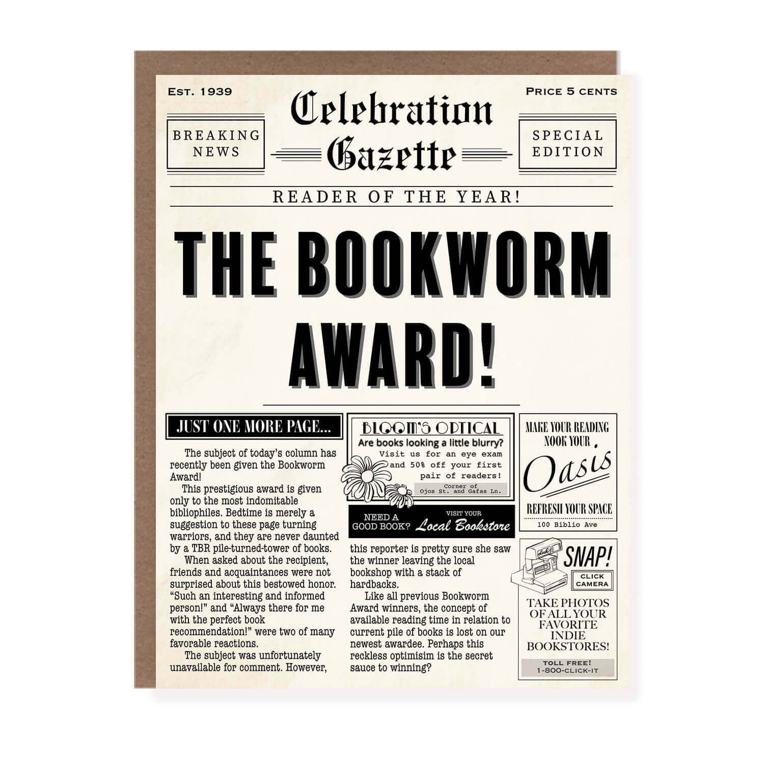 Vintage Punny Newspaper Bookworm Award Card