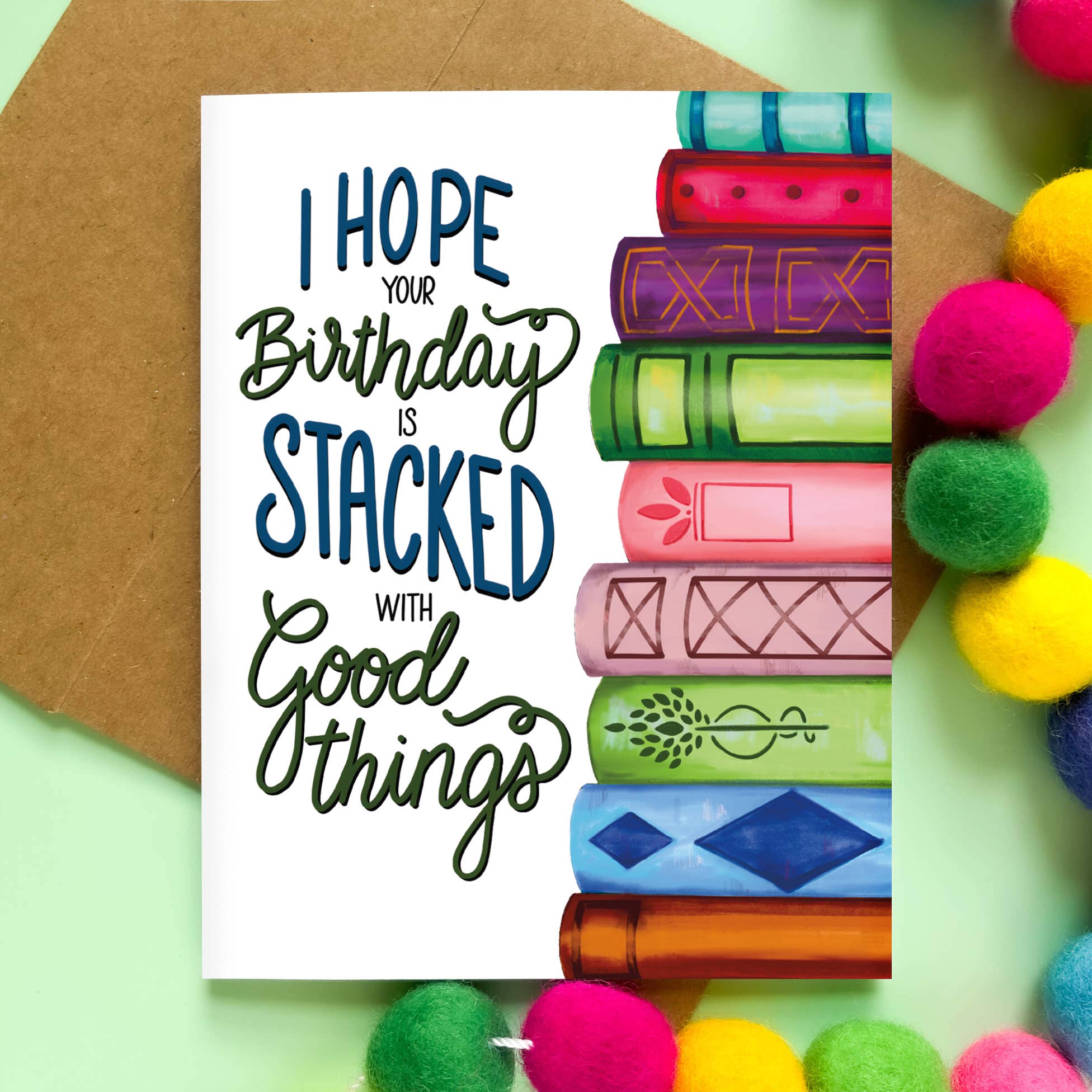 Stacked with Good Things Book Birthday Card