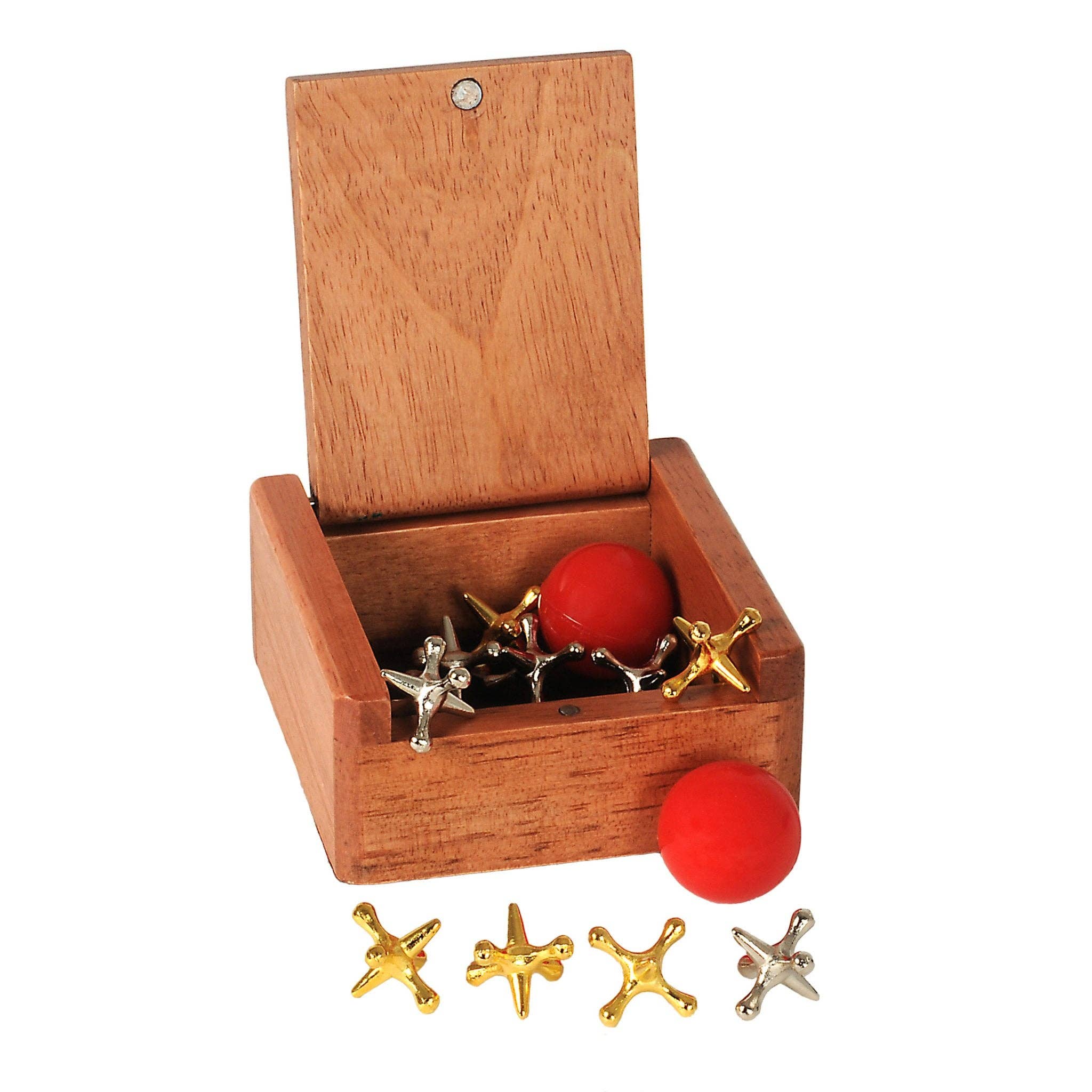 Old-Fashioned Metal Jacks in a Wooden Box
