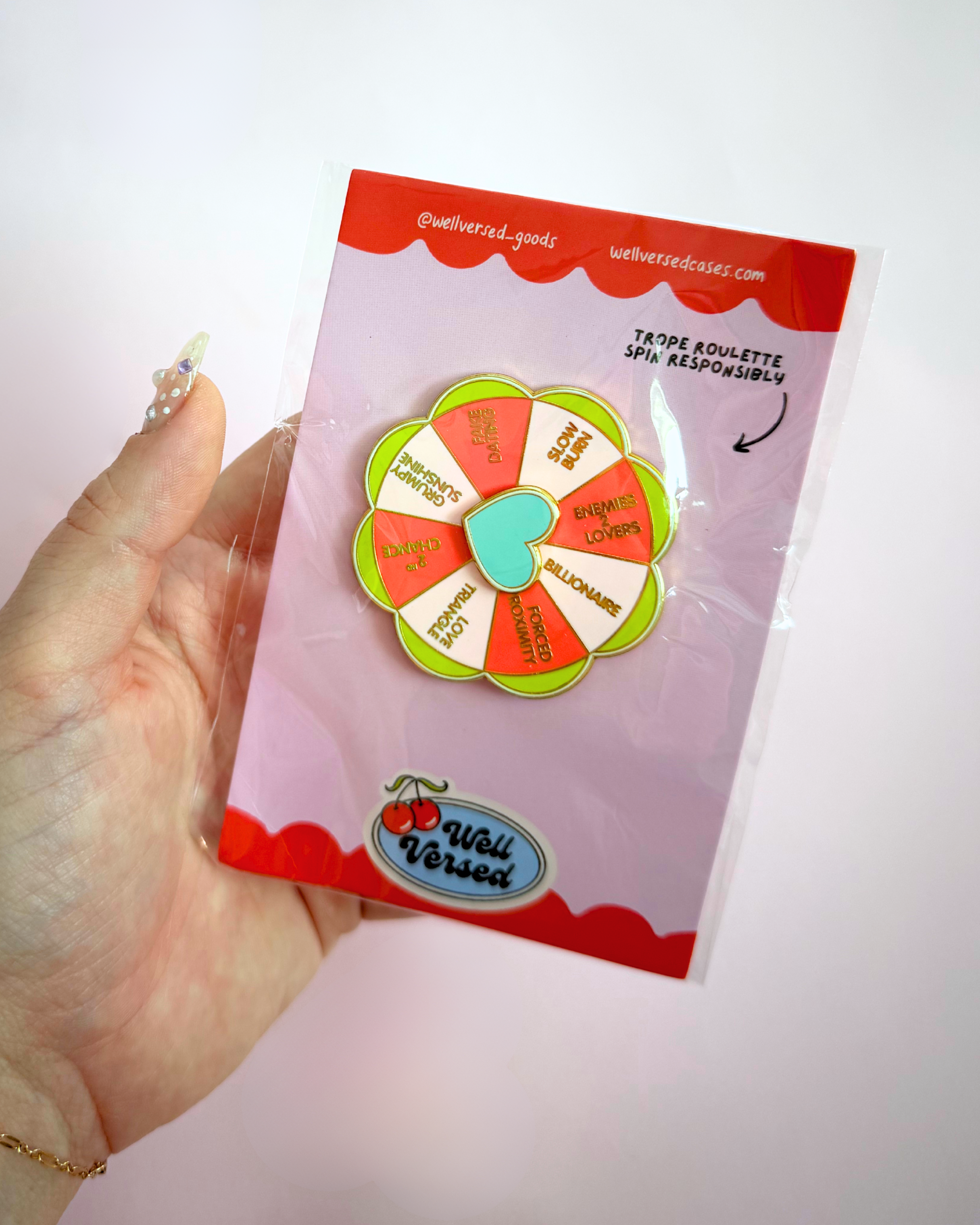 Spinning Bookish Pin | Romance Trope Roulette